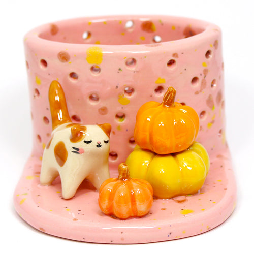 Ceramic Pumpkin Cat Tea Light Holder #2411