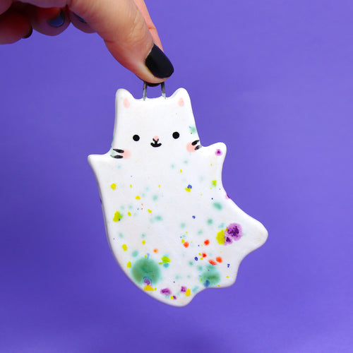 Ceramic Ghost Cat Wall Hanging #2488