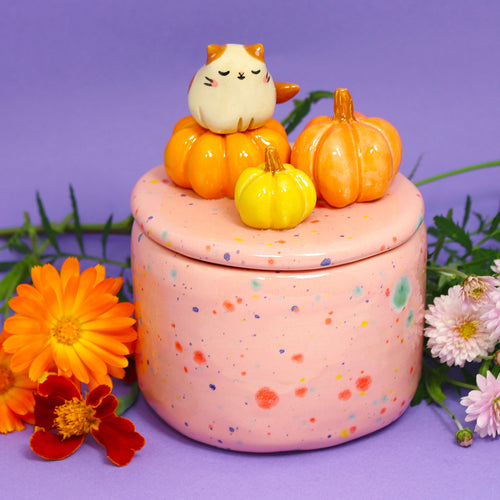 Ceramic Pumpkin Cat Container with Lid #2407